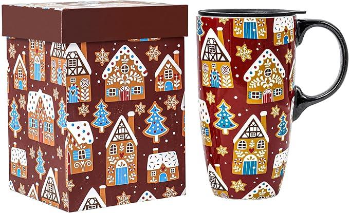 Topadorn Christmas Coffee Mug Travel Cup with Lid & Handle, 17 Oz Porcelain Latte or Hot Cocoa Mugs Xmas Gifts for Home & Office, Dishwasher & Microwave Safe, Christmas Gingerbread House
