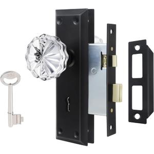 Mortise Lock Set Interior Door, Crystal Glass Door Knobs with Lock and Skeleton Key, Old Door Knob Replacement, Vintage Antique Door Handle, Matte Black Finish (Mortise(1 Pack))