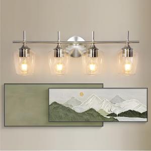 Bathroom Light Fixtures 4-Light Brushed Nickel Bathroom Vanity Light with Clear Glass Shade, Modern Wall Lights for Bedroom Hallway Living Room (E26 Base)