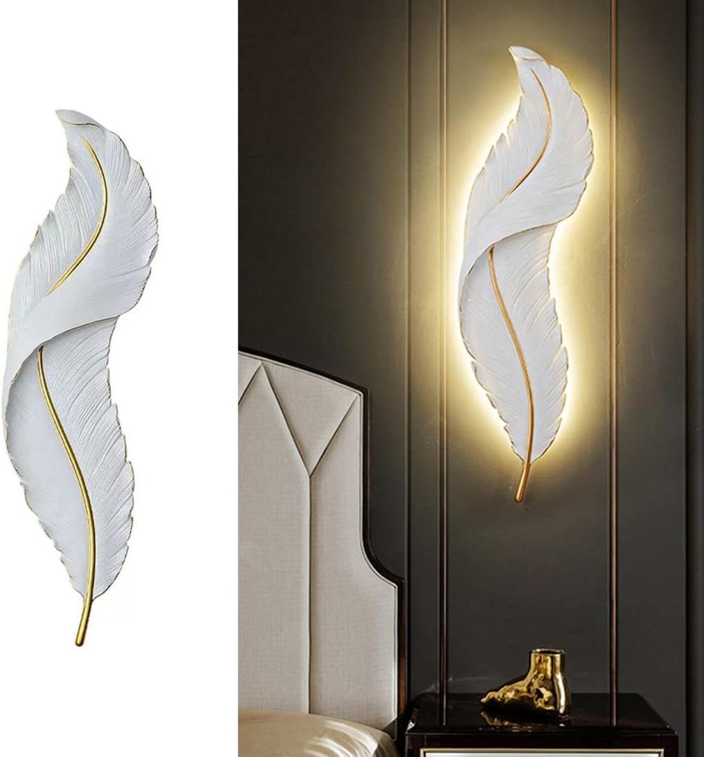 Modern Wall Mount Light LED Dimmable Wall Sconce Lighting White Elegant Feather Design 3000k-6000k LED Wall Lamp for Bedroom Living Room Hallway (1-Pack)
