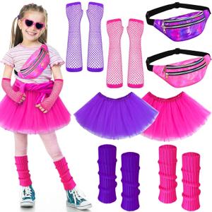 Toulite 8 Pcs Halloween Kid 80s Costume Accessories Set Neon Leg Warmers Socks Fanny Tutu Skirts (Rose Red and Purple)