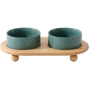 Ceramic Elevated Cat Food and Water Bowl, Kitty Bowl, Raised Cat Dish, Pet Feeder (5.1 in, 2 x Dark Green + Stand)