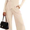 BTFBM Two Piece Sets For Women Fall 2025 Airport Outfits Asymmetrical Boat Neck Tops Wide Leg Pants Matching Lounge Set (Large, Beige)