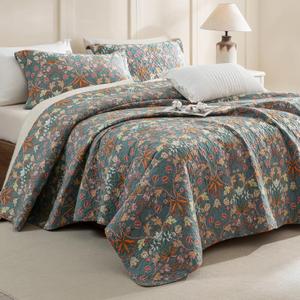 Sanracie Oversized King Bedspread 128"x120",100% Cotton Lightweight Breathable Flower Botanical Printed Pattern Quilted Bedspreads Set 3Pcs Extra Soft Aesthetic Coverlet Set for All Season