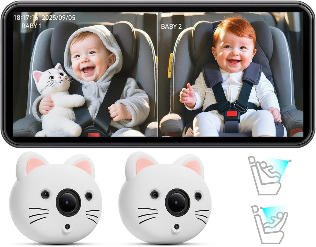 IIWEY Baby Car Camera for 2 Kids  7.2 Ultrawide Split-Screen Monitor with Dual 1080P HD Car Seat Cameras, Cute Replaceable Cat Covers, Night Vision, Type-C Power, Easy Install for Twins or Siblings