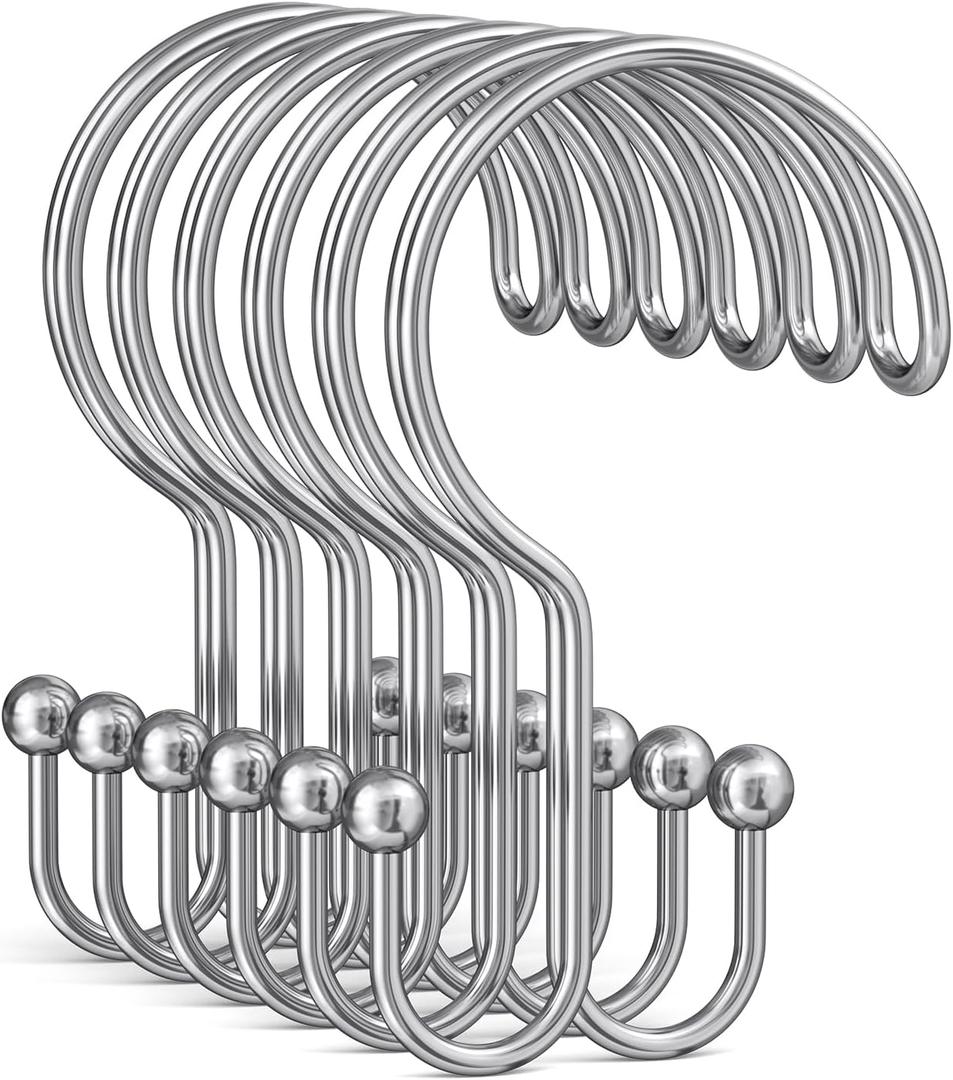 Bathway Shower Curtain Hooks Ring Chrome, 12 Pcs Double Sided Shower Hooks, Rust Proof Metal Shower Hooks for Bathroom, Anti-Drop Shower Rings for Shower Curtain & Liners