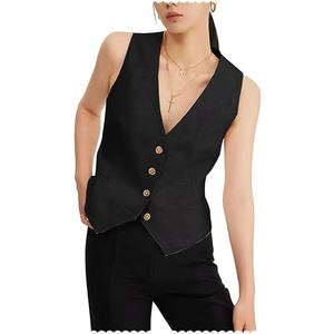 Women's V-Neck Vest Vest 4 Button Lightweight Business Slim Sleeveless Waistcoat (Black), Size M