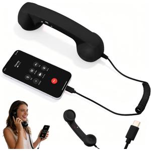 Retro Phone Handset,2026 New Retro Style Type-C Phone Handsets,Cell Phone Receiver with Microphone & Speaker,Type-C Retro Telephone Wired Handset for Mobile Phones,Vintage Landline for iPhone(Black)