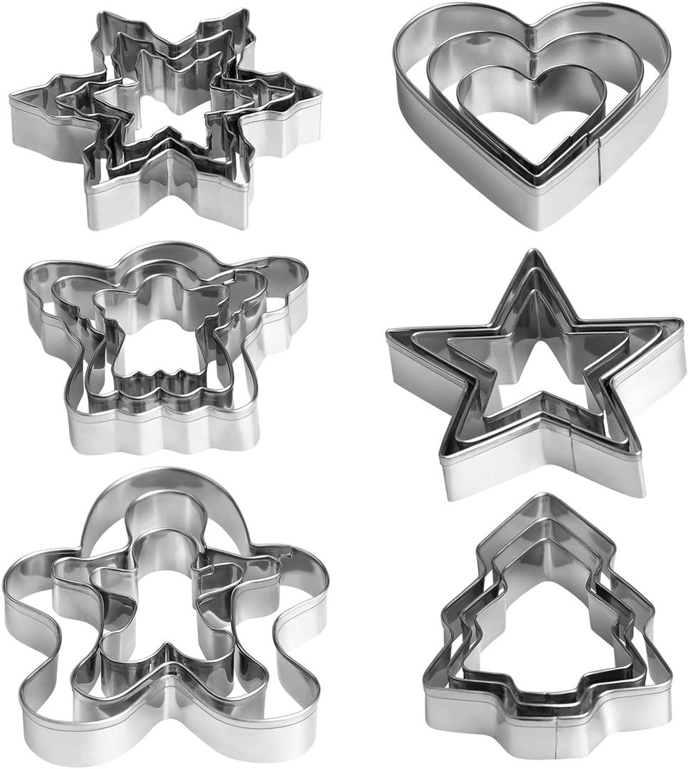 Christmas Cookie Cutter Set - 18 Piece Gingerbread Man, Snowflake, Tree, Heart, Star, Angel Shapes for Holiday Winter Baking