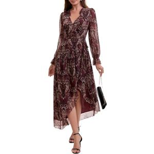 Women's Bohemian Floral Print Tie-Waist Wrap Midi Dress - Long Sleeve V-Neck Asymmetrical Hem Flowy Chiffon Dress, XL