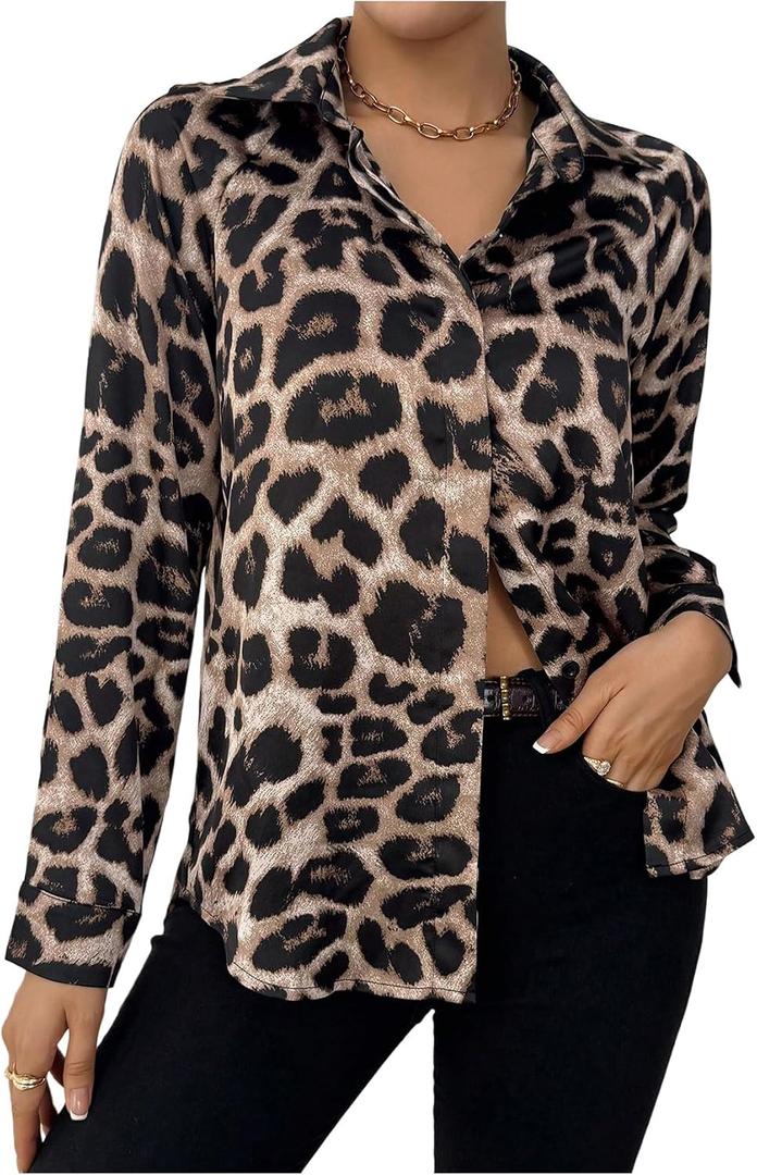 OYOANGLE Women's Leopard Print Long Sleeve Button Down Blouse Loose Trendy Collared Shirt Tops (M)