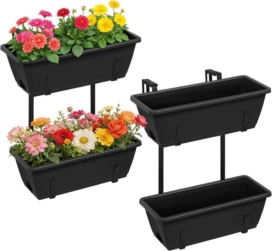 Railing Planter Box 2 Tier Window Boxes Planters Set of 2 with 4 Pack Flower Boxes 16.9 Inch Deck Railing Planter with Adjustable Brackets Black Balcony Fence Hanging Planters for Outdoor Porch Patio
