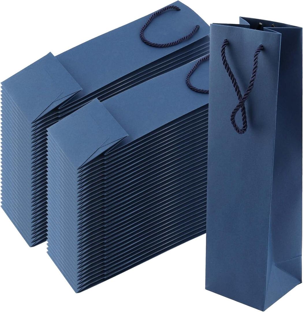 SEUNMUK 40 Pack Blue Wine Bags - 3.7 x 3.7 x 13.8 Inch Paper With Handles, Elegant Bottle Gift Bags for Party, Wedding and Retailing