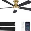Dolavast Ceiling Fans with Lights and Remote, 48 Inch Gold Ceiling Fan with Light, Low Profile Reversible Fandelier Ceiling Fan, Dimmable LED, Flush Mount, Quiet DC Motor, for Bedroom Kitchen
