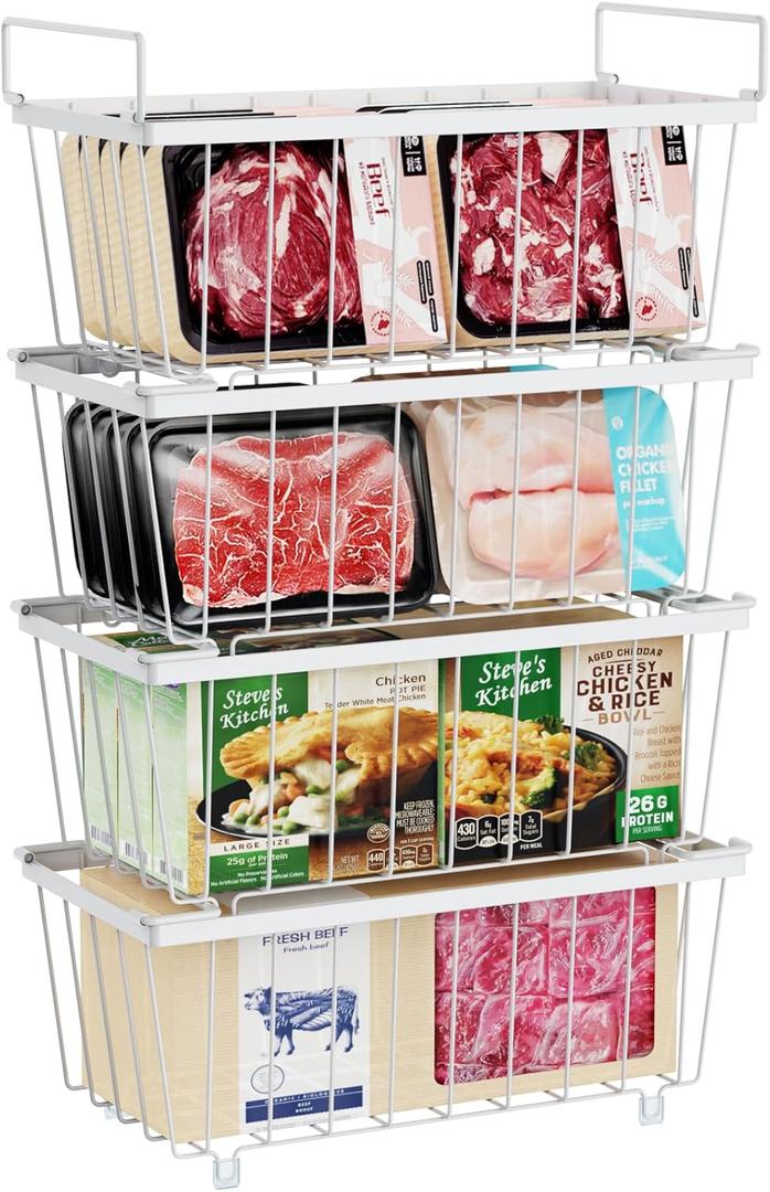 iSPECLE Freezer Organizer Bins - 4 Pack Small Stackable Deep Freezer Organizer Bins for 7 Cu.Ft Freezers Easy Get Bottom Foods without Digging, Chest Freezer Organizer Prevent Frozen Food Waste, White