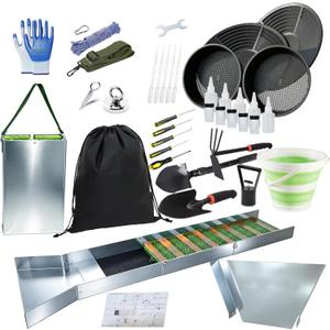 37pcs Complete Gold Panning Kit with 50" Sluice Box for Gold Mining ，Adults Aluminum Alloy Gold Mining Equipment, Includes Gold Pan, Classifier Screen, Separating Magnet and More