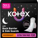Kotex Ultra Thin Overnight Pads with Wings, Heavy Absorbency, 108 Count (3 Packs of 36)