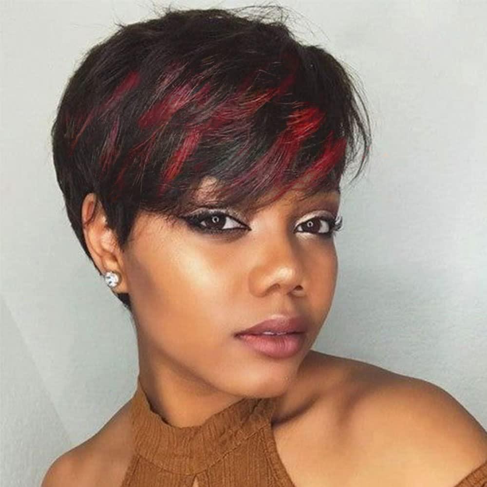 Short Pixie Cut Wigs for Black Women, Red Pixie Cut Wigs, Side Bangs, Short Wigs, Black and Red Pixie wig with Bangs, Synthetic Side Part Pixie HairCut Wigs, Short Red Colored Bob Wig for Black Women