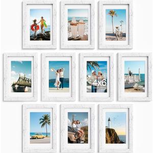 decorUhome 4x6 Picture Frame Set of 10, Display Photos 3.5x5 with Mat or 4x6 Unmatted for Picture Frames Collage Wall Decor, Distressed White