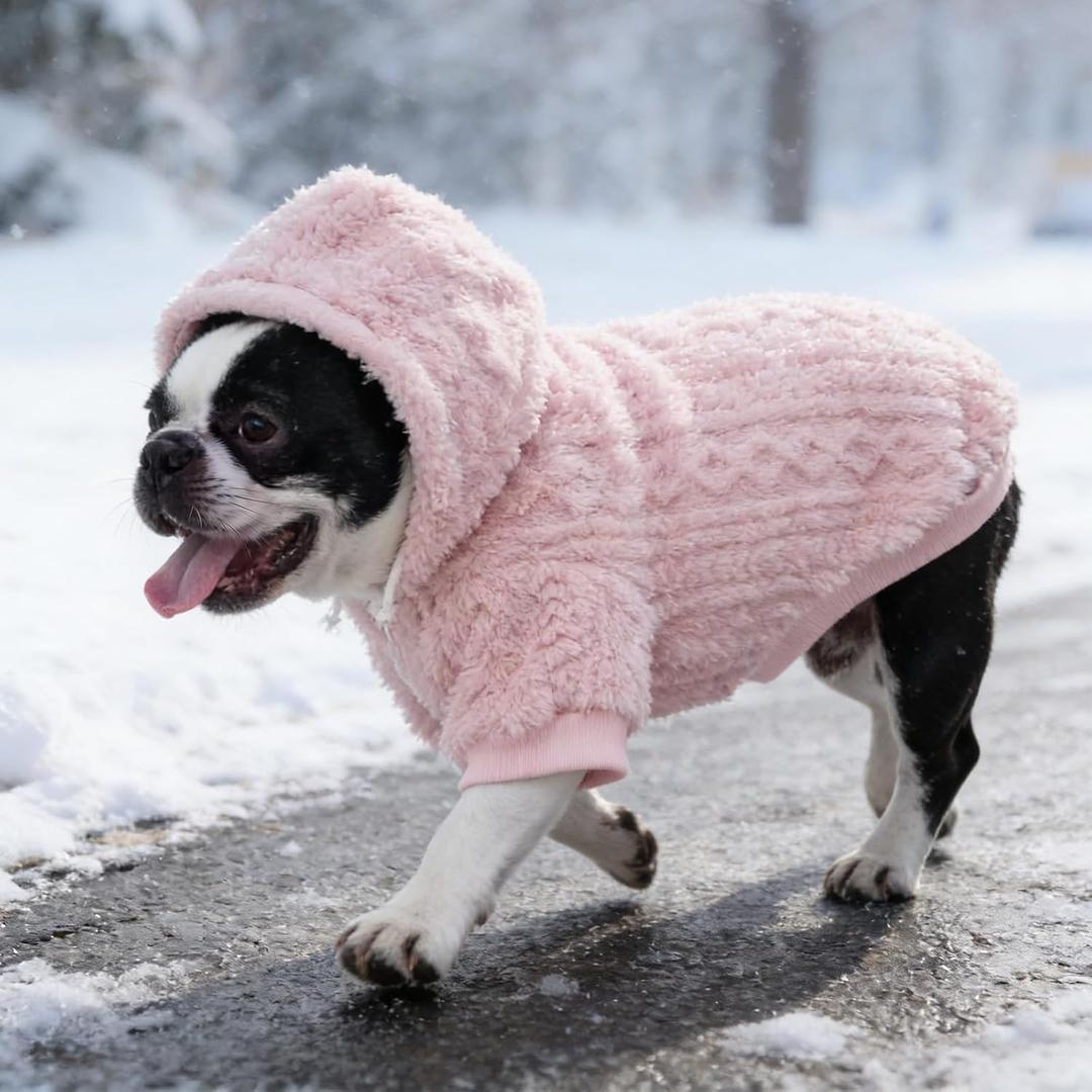 KOOLTAIL Fuzzy Dog Sweater Hoodie for Dogs, Soft Fleece Pet Clothes Sweatshirt with Leash Hole, Warm Winter Dog Sherpa Jacket Snuggie Cold Weather Coat for Puppy Cats Girl, Pink, S