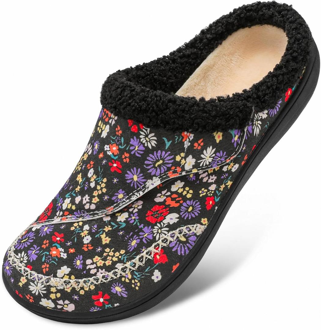 LeIsfIt Womens Wide Slippers Adjustable Diabetic Slippers Warm Cozy Slip on House Slipper Non-slip Memory Foam Winter House Shoes Indoor Outdoor (Black Flower) 9