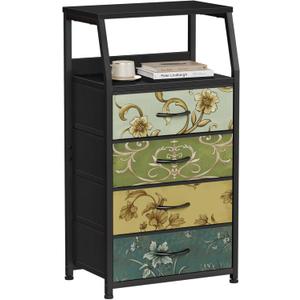 Furnulem Retro Dresser for Bedroom, Small Dresser for Closet, Vintage Nightstand with 4 Drawers, Fabric Storage Organizer Bedside Table Side Furniture, Metal Frame, Wood Top