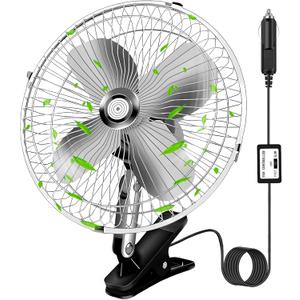 10-Inch Silver Cigarette Lighter Fan, Two-Speed Adjustment, 360-Degree Rotation, Clip-On Design 12 Volt Fan, Perfect for Cars, Trucks, RVs and More (Cord Length 6.56FT)