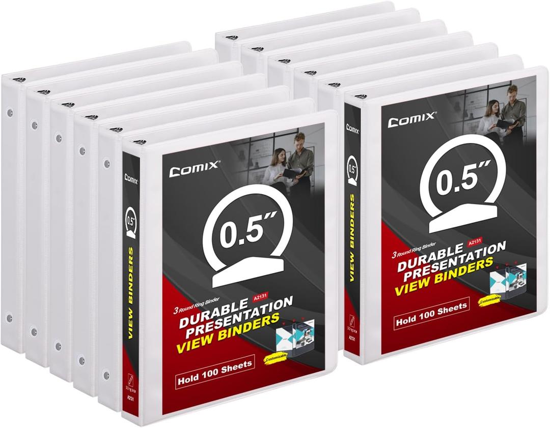 COMIX Sturdy 3 Ring Binder 0.5 inch with Clear View Cover, 1/2" Round Ring View Binder, PVC-Free, 2.4mm-Thick, 100 Sheets Capacity of US Letter Size Paper, Office  School Supplies, Pack of 12 (White)