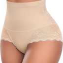 Werena Tummy Control Shapewear Panties for Women High Waist Body Shaper Underwear Lace Shaping Girdle Briefs (Beige, L)