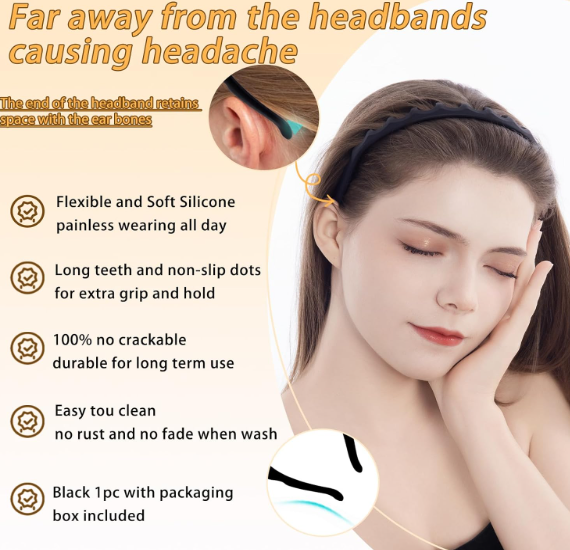 Silicone Headbands for Women Non Slip Comb Headband with Teeth Non-Crackable Hair bands for Women's Hair Fashion Accessories (Black 1PC)