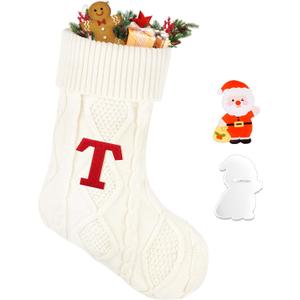 21 Inches Knitted Christmas Stockings with Personalized Initials, Large White Custom Monogram Christmas Stockings for Party Fireplace Family Holiday Party Hanging Stocking Decorations White-T