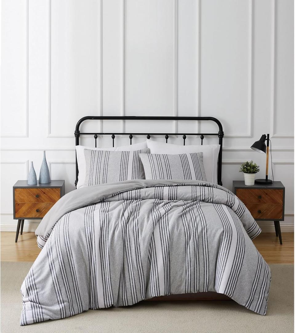 TRULY SOFT Kiel Stripe Flannel Grey Cotton 2-Piece Twin/Twin XL Duvet Set, Stripes Themed, for Men and Women, Oeko-TEX Certified Confidence