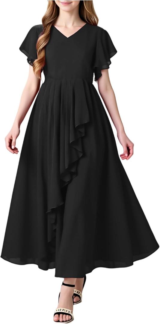 Girl's Ruffle Sleeve V-Neck Chiffon Flared Hemline Midi Dress Kids Formal Party Wedding Guest Bridesmaid Gown, 9-10 Years, Black