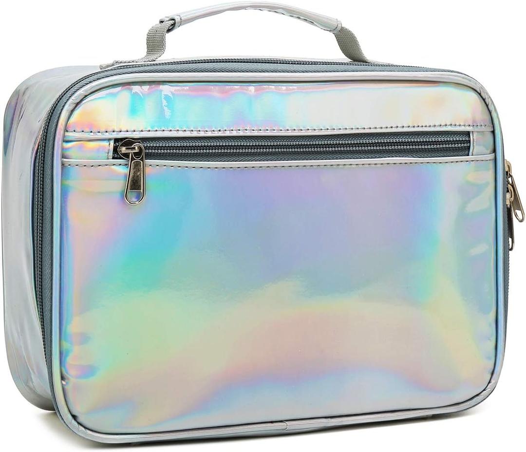 FlowFly Kids Lunch box Insulated Soft Bag Mini Cooler Back to School Thermal Meal Tote Kit for Girls, Boys, Silvery (Holographic)
