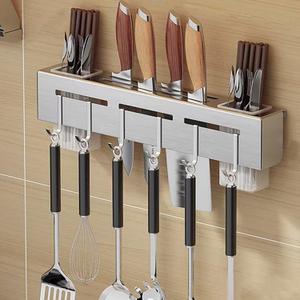 Knife Holder, Stainless Steel Hang Knives Holder with 8 Hook, Wall Mounted Multifunctional Chopsticks & Knife Holder, Knife storage rack for Hotel, Kitchen-Non Porous Installation