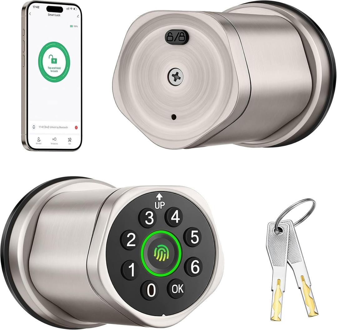 Leydebong 4-in-1 Smart Door Lock with Fingerprint and Keypad - Keyless Entry Electronic Lock with App and Mechanical Key - Easy Installation Smart Door Knob for Home Office Bedroom & Apartment