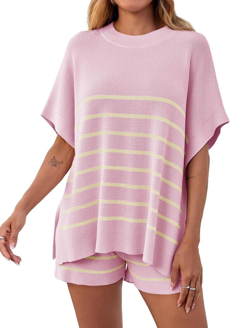 Fisoew Women's Striped 2 Piece Outfits Oversized Batwing Short Sleeve Tops High Waisted Shorts Summer Knit Lounge Short Sets (Large, Pink)