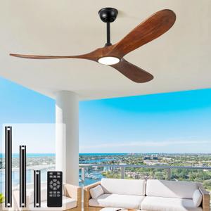 60" Ceiling Fan with Light and Remote, 6-Speed Dimmable Outdoor Ceiling Fan, High CFM Quiet 3 Blade Wood Ceiling Fan, Puoyro Modern Propeller Ceiling Fan for Outdoor Indoor Living Patio Porch (Walnut)