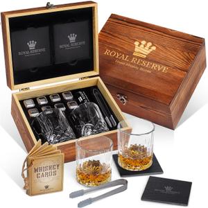 Whiskey Set by Royal Reserve  Whiskey Glasses, Stainless Chilling Stones, Coasters, Tongs - Whiskey Stones Gift Set for Men Husband Dad Boyfriend