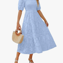 ZESICA Women's 2025 Summer Short Puff Sleeve Crewneck Smocked Floral Lace Flowy A Line Tiered Maxi Dresses, Size S