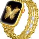 fastgo Beaded Bracelet Band Compatible with Apple Watch Bands 41mm/40mm/38mm/44mm/45mm/42mm/49mm Women, Natural Pearl Beaded Elastic Strap for Iwatch Bands(Gold)