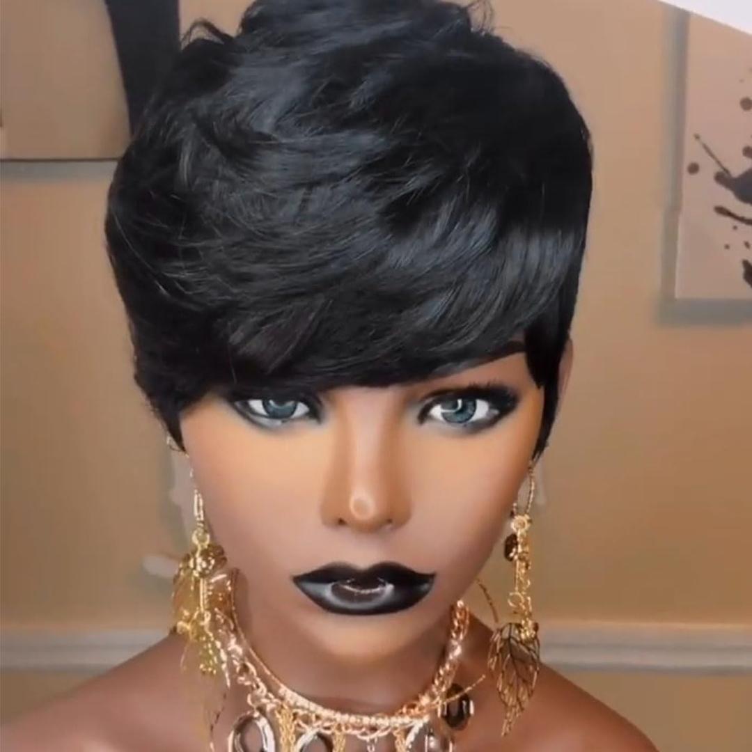 showreal Pixie Cut Wig Human Hair for Black Women Short Pixie Cut Wigs Natural Looking 100% Real Human Hair Wigs Natural Black Glueless Pixie Wigs with Bangs (9149-1B)