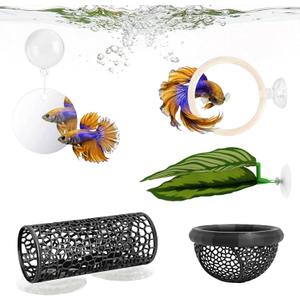 5 Pcs Betta Fish Hammock & Toys Set, Black | Aquarium Tunnel, Floating Mirror, Hammock, Leaf Pad & Exercise Ring, Hiding & Feeding Decor for Shrimp & Small Fish Tanks