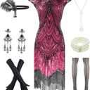 Letter Love Womens Vintage Lace Fringed Gatsby 1920s Cocktail Dress with 20s Accessories Set (Small, Hot Pink)