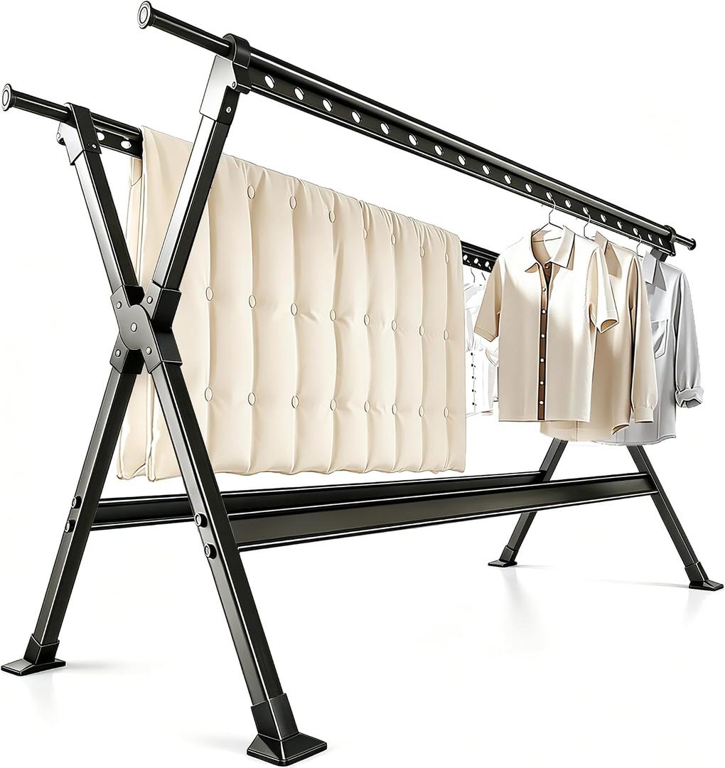 53-93 Inches Heavy Duty Outdoor Clothes Drying Rack, Aluminum Alloy & Carbon Steel Laundry Rack, 38 Windproof Hanging Holes & 4 Telescopic Hanging Rods, Large