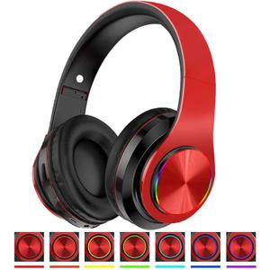 YTYC Bluetooth Headphones Over Ear Headphones with Deep Bass LED Foldable Stereo Headphones, Wired and Wireless Headset for Smart Phone/TV/PC(Red/Black)
