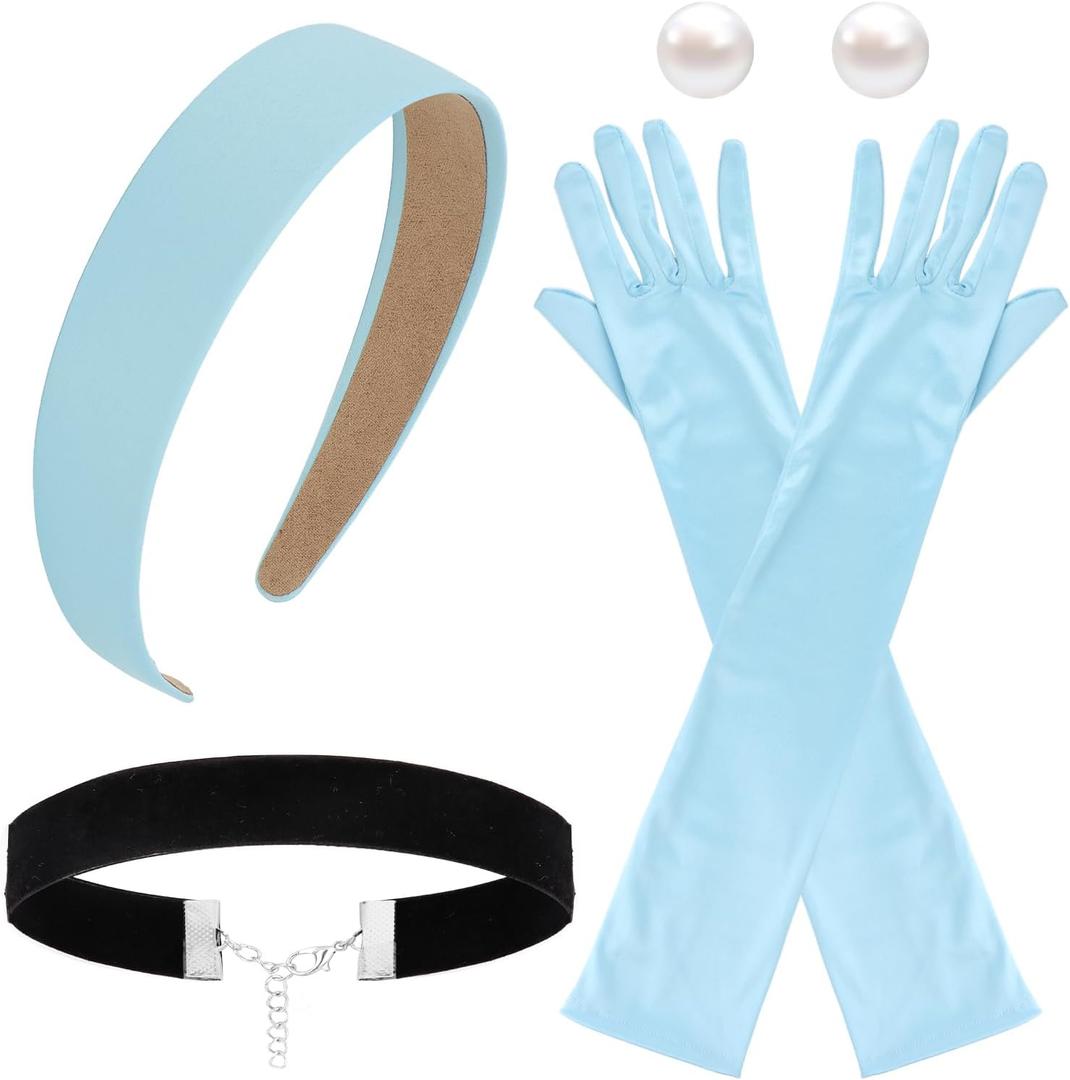 Princess Accessories for Girls Headband Gloves Choker Halloween Princess Costume Accessories (Adults - Blue 4 Pcs)