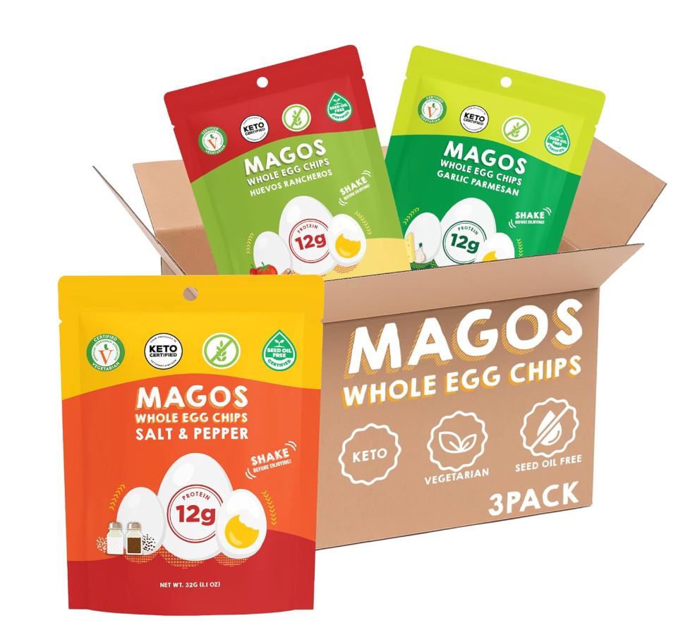 Magos Egg Chips Variety Pack – Healthy Snack, High Protein Low Carb, Light Cracker-Style Crunch, 1.1 oz Bags – Includes Garlic Parmesan, Salt & Pepper, Huevos Rancheros – Keto, Vegetarian & Carnivore Friendly, No Gluten Ingredients (4 Pieces per Flavor), BB 09-16-27