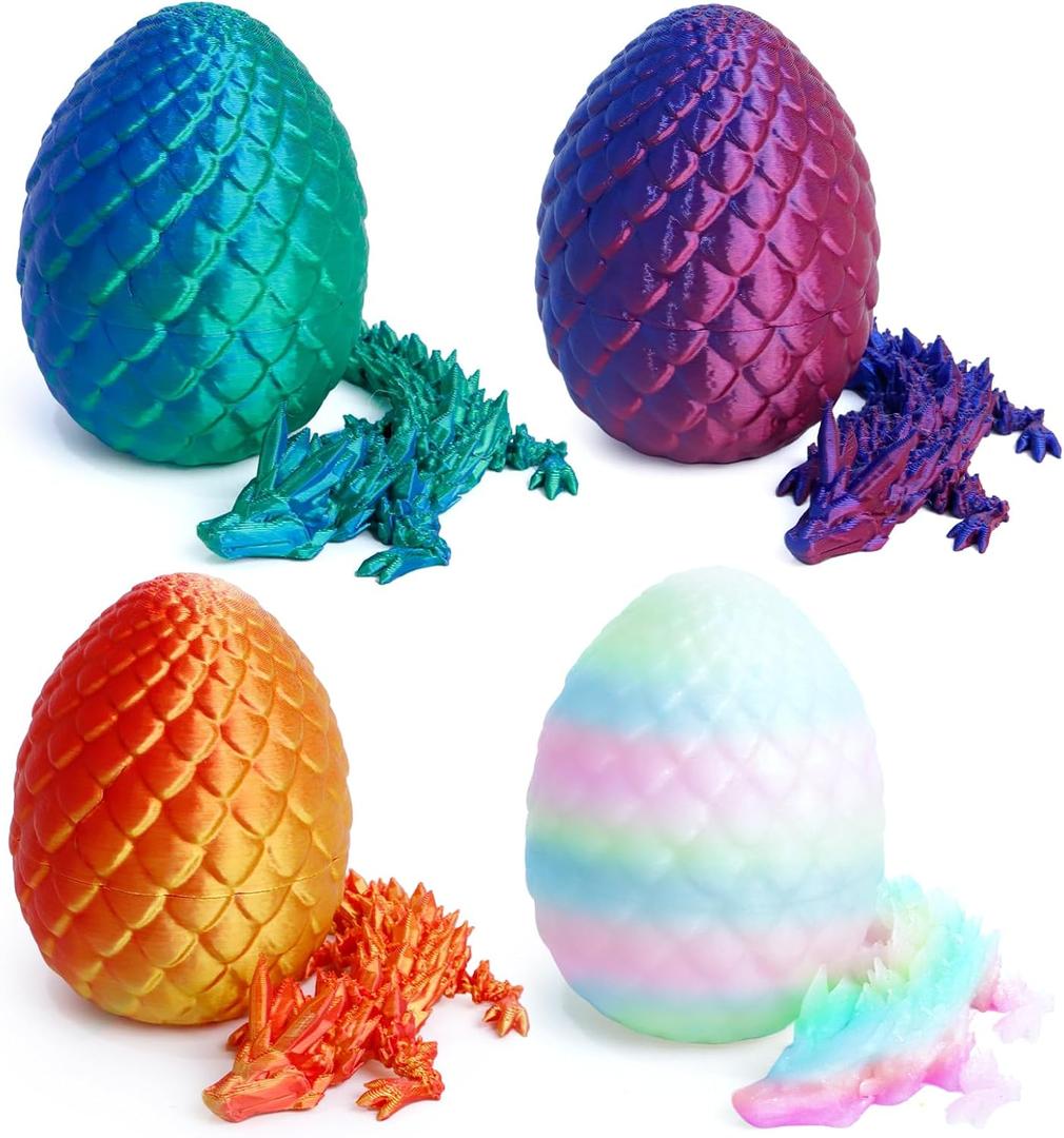 4 Pack 3D Printed Dragon Easter Basket Stuffers, Small Eggs with Dragon Inside, Articulated Crystal Dragon Fidget Toy, Desk Pet, 3D Printing Home Decor (Blue+White+Green+Glow in The Dark)