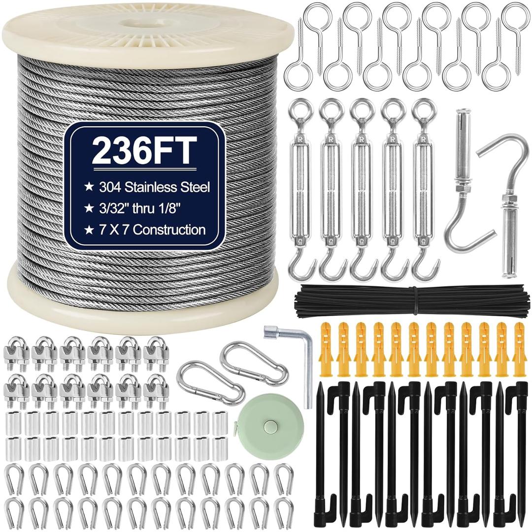 1/8" Wire Rope Kit 236FT Stainless Steel Aircraft Cable with M5 Turnbuckles, 7x7 Strand Core Vinyl Coated Guy Wire Tensioner Kit for Garden String Light, Pictuer, Clothes, Curtain Hanging